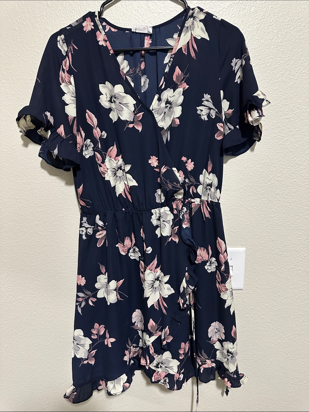 Women’s Navy Floral Wrap Dress with Pink & Cream Blooms